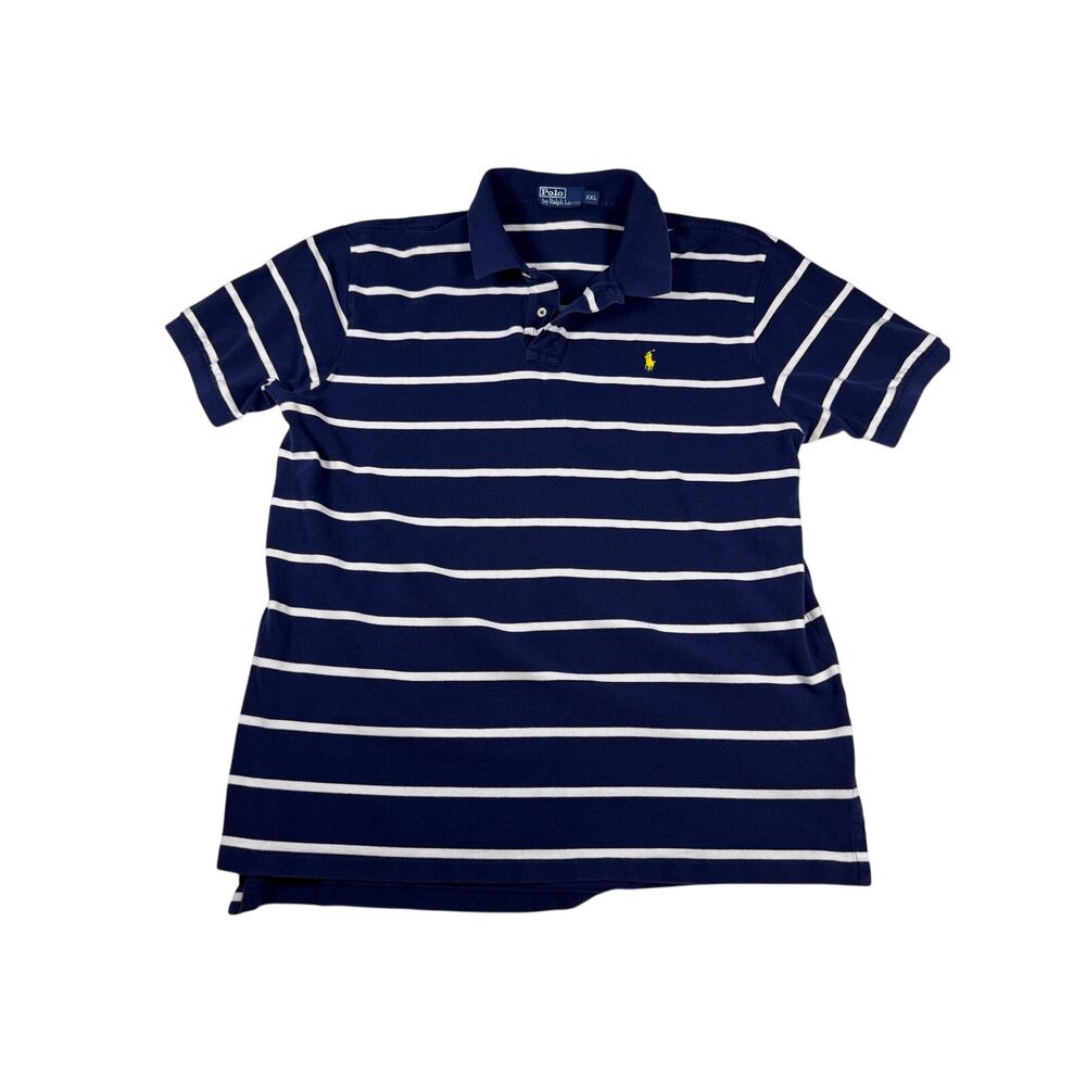 Polo Ralph Lauren Mens XXL Navy White Stripe Polo Shirt Yellow Pony Short Sleeve